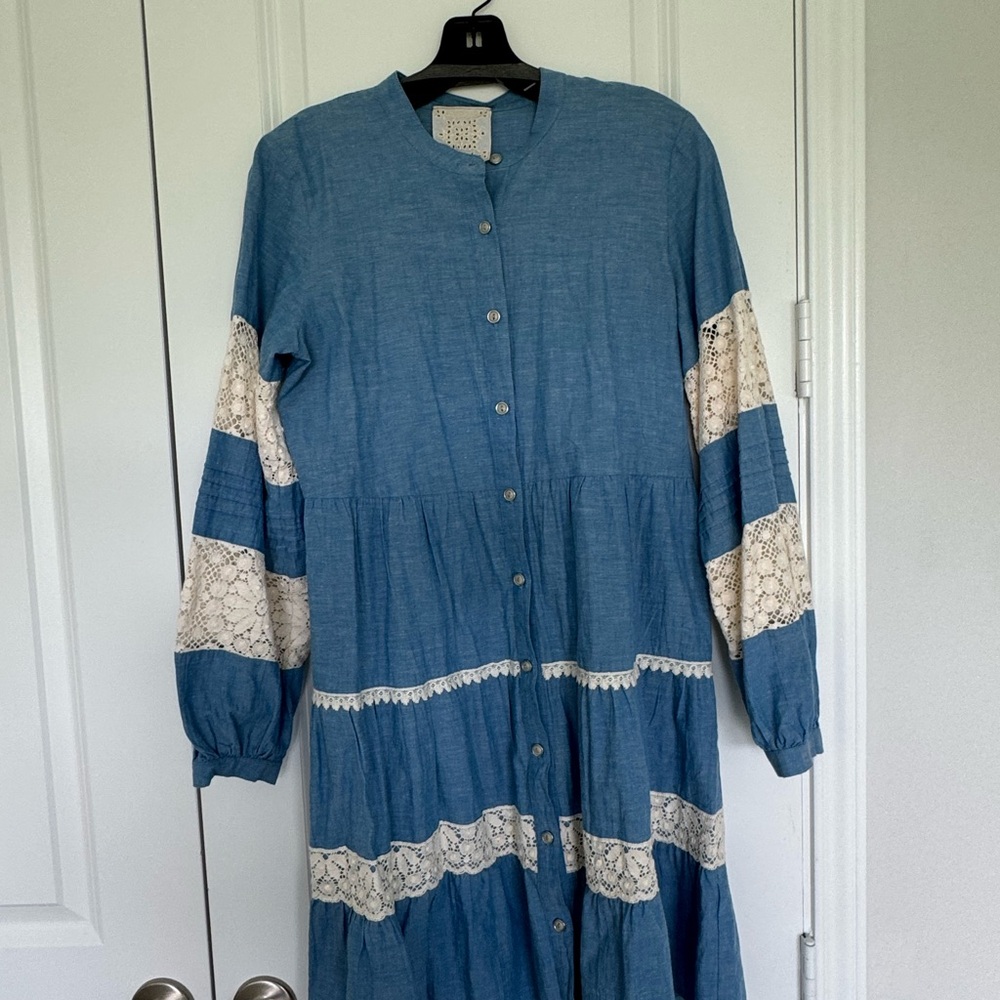 Johnny Was Blue and Cream Button-Up Dress with Lace Accents